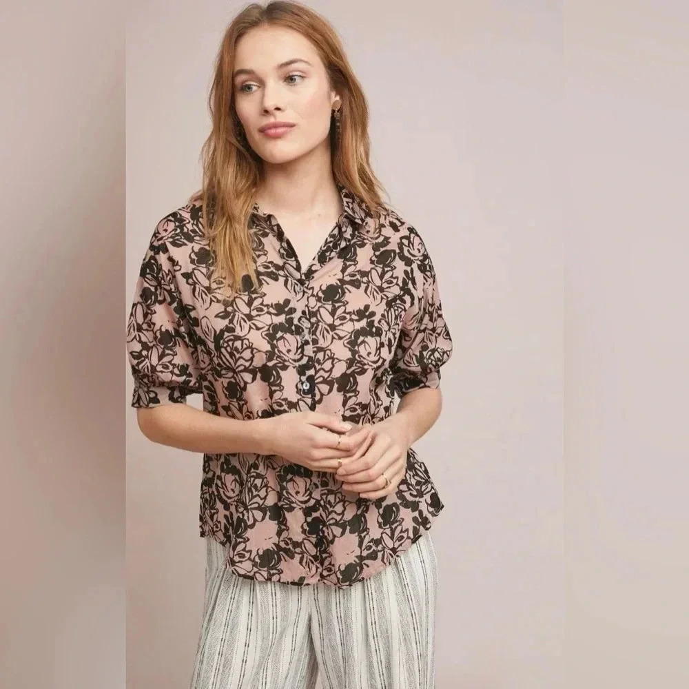 Velvet by Graham & Spencer Pink Black Floral Button Down Shirt Size L